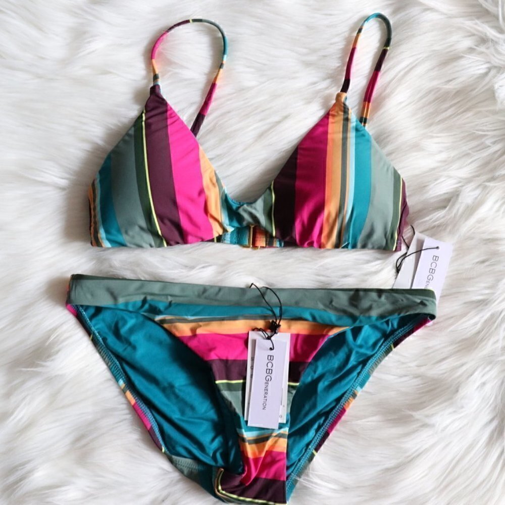 NWT BCBGeneration Colorful Rainbow Stripe Bikini Bathing Suit Set Size XS